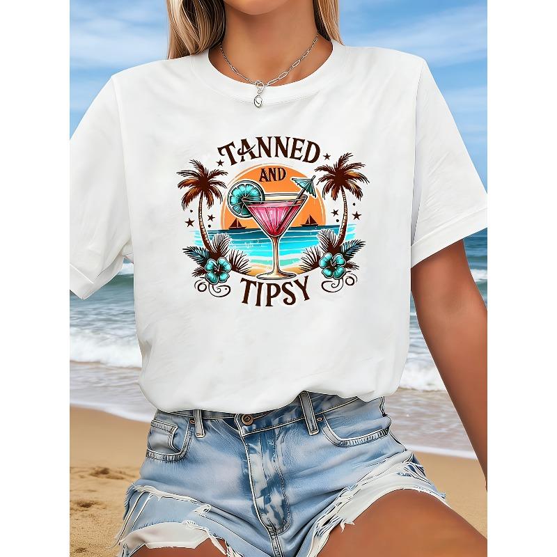 A Women S T-Shirt Featuring a Cool And Sweet Beach Vacation Style with a TANNED AND TIPSY Print. S белый