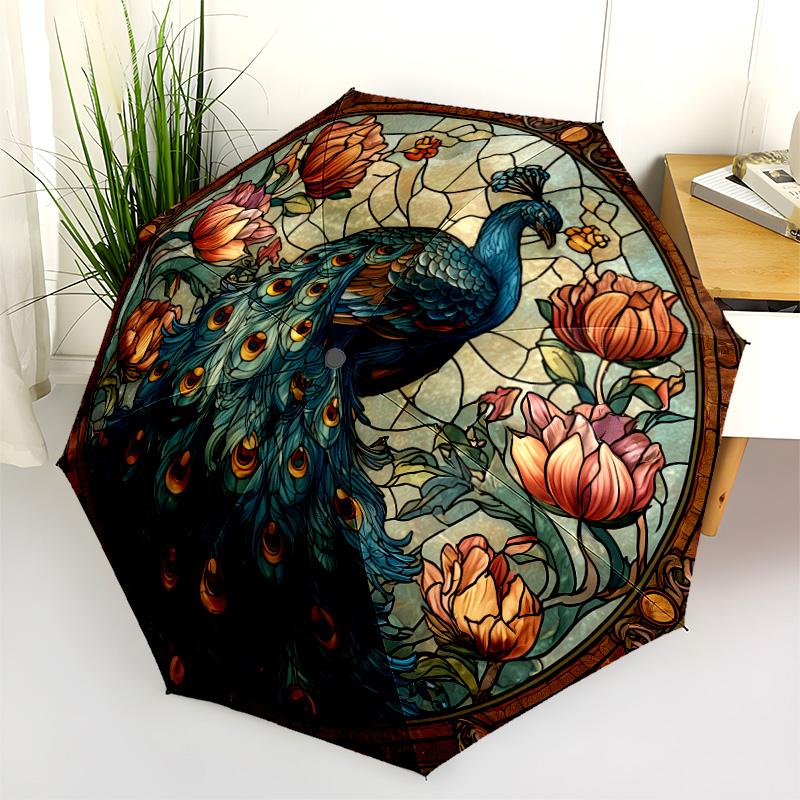 0106 Glass Window Peacock  pattern, automatic folding umbrella, portable and foldable design, 8 ribs, a Christmas or birthday gift.