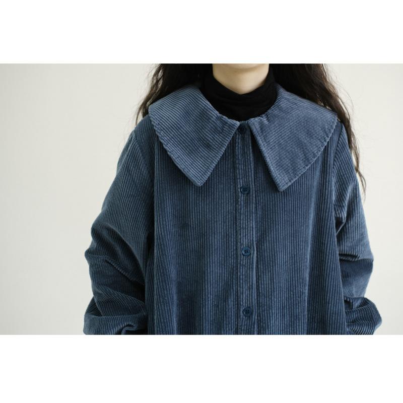 Women Sailor Collar Long Sleeve Dress Solid Color Corduroy Retro Slim Button Design Wear