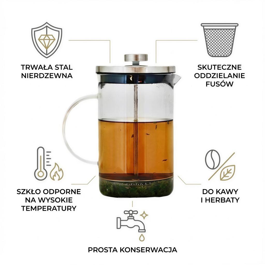 Piston Infuser 800 Ml Silver Glass Jug For Coffee And Tea Ø9 Cm