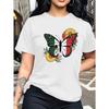 Tricolor Pattern Butterfly with Mexican Dahlia Casual Crew Neck Short Sleeve T-Shirt for Spring/Summer/Fall, Slight Stretch Fabric