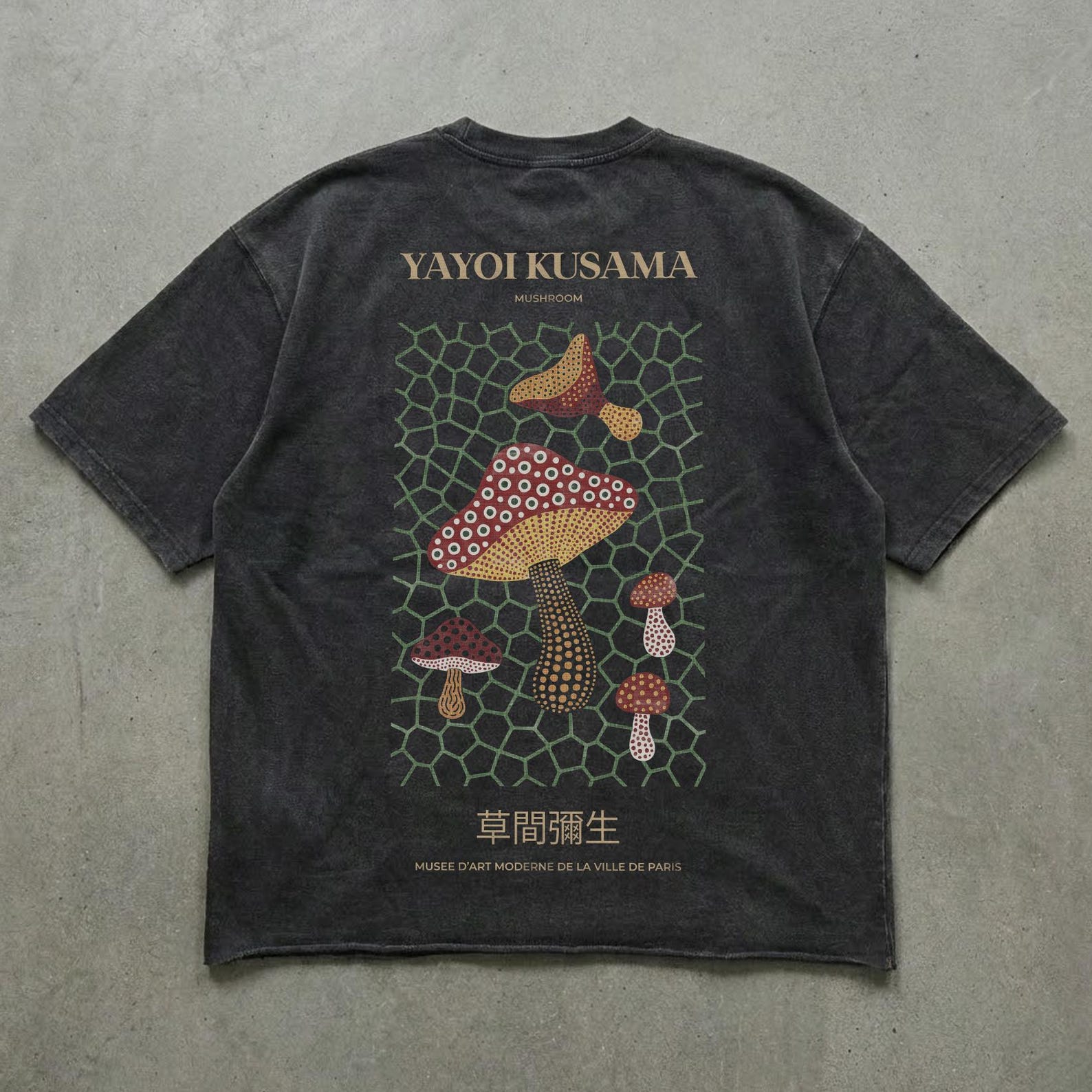 Yayoi Kusama Mushroom T-Shirt | Faded Black Streetwear Tee | Japanese Art Graphic Shirt S