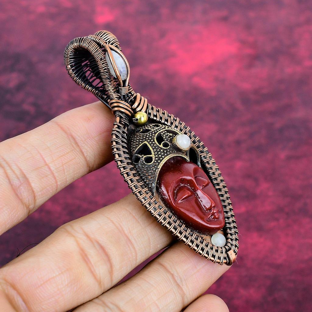 Red Carved Bone Face Pendant Rainbow Moonstone Pendant Copper Wire Wrapped Jewelry