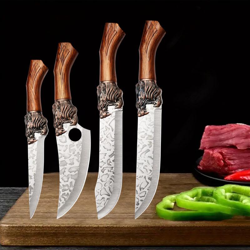 4pcs Stainless Steel Hand Forged Kitchen Knife Boning Knife Killing Pig Knife with Sharp Butcher Knife Fruit Knife