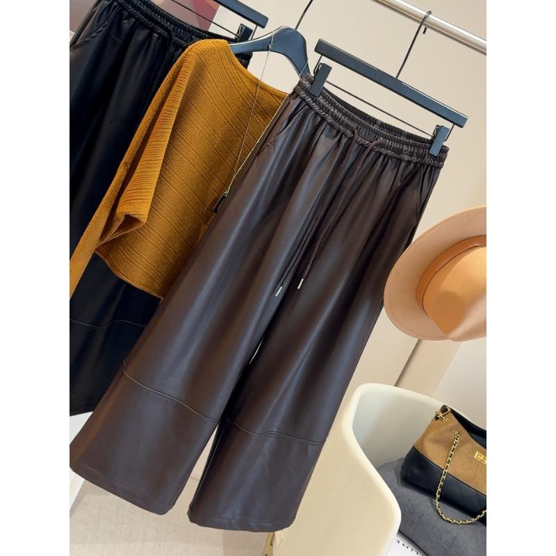 

Простые брюки из протеиновой кожи с высокой посадкой и эластичной талией, женские осенне-зимние новые свободные и универсальные повседневные прямые кожаные брюки длиной девять точек L кофейный