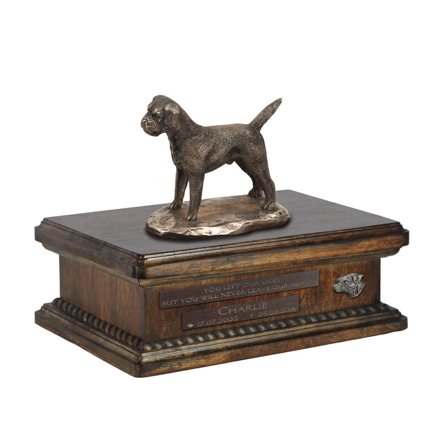 

Border Terrier - urn for dog ashes, personalized urn with a statue, wooden urn with a dog by Art-Dog brand