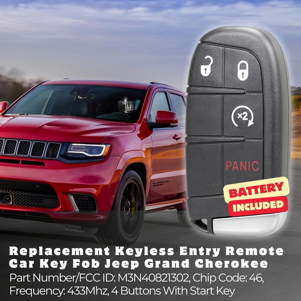 Replacement Keyless Entry Remote Car Key Fob M3N40821302 433MHz 46 Chip 4 Buttons with Start Key for 2014-2020 Jeep Grand Cherokee