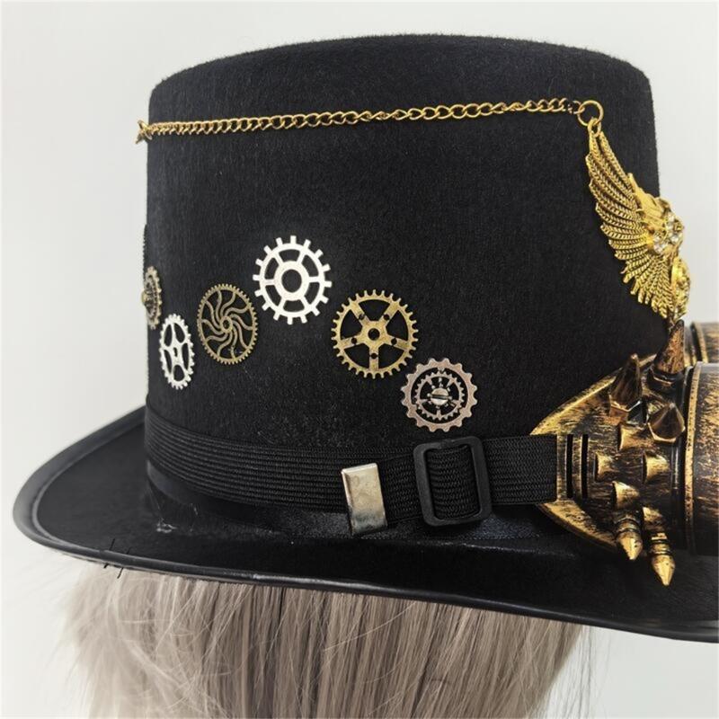 Gothic Top Hat With Metallic Goggles Gear And Winged Heart Design Tall Hat For Costume Parties Photography Headpiece