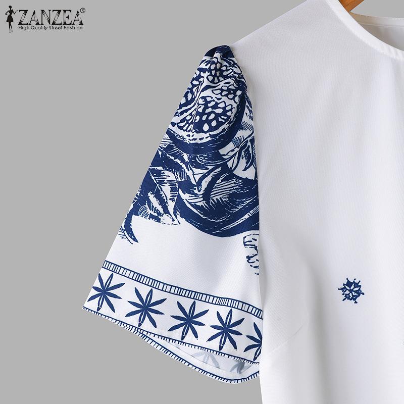 ZANZEA Damen Sommerkleider mit Rundhalsausschnitt und kurzen Ärmeln und bedruckter Taille