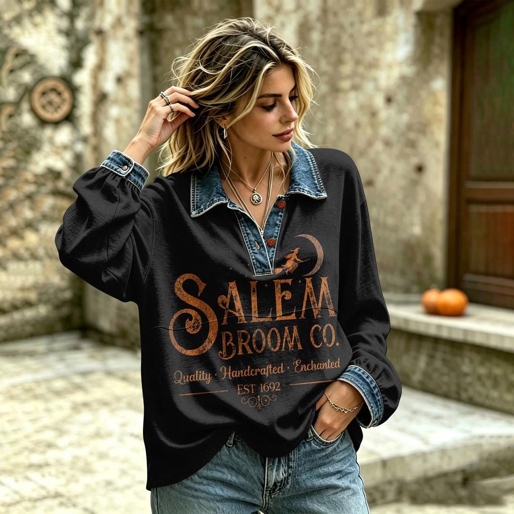 Women's Casual Stylish Long Sleeve Top with Denim Print for Everyday Wear