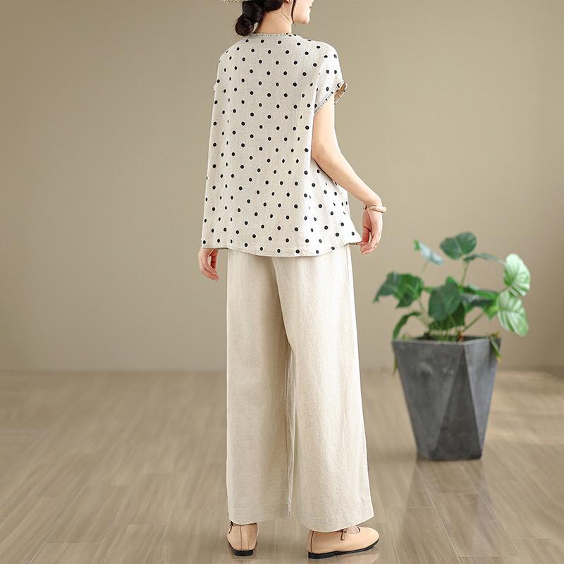2025 Plus Size Cotton Linen Retro Slimming Pants Summer Set for Women