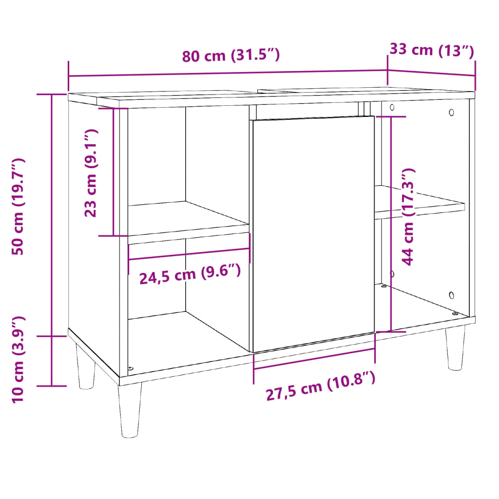 Modern bathroom cabinet with a storage unit under the washbasin, open storage on both sides, and a door storage in the middle, 80x33x60 cm