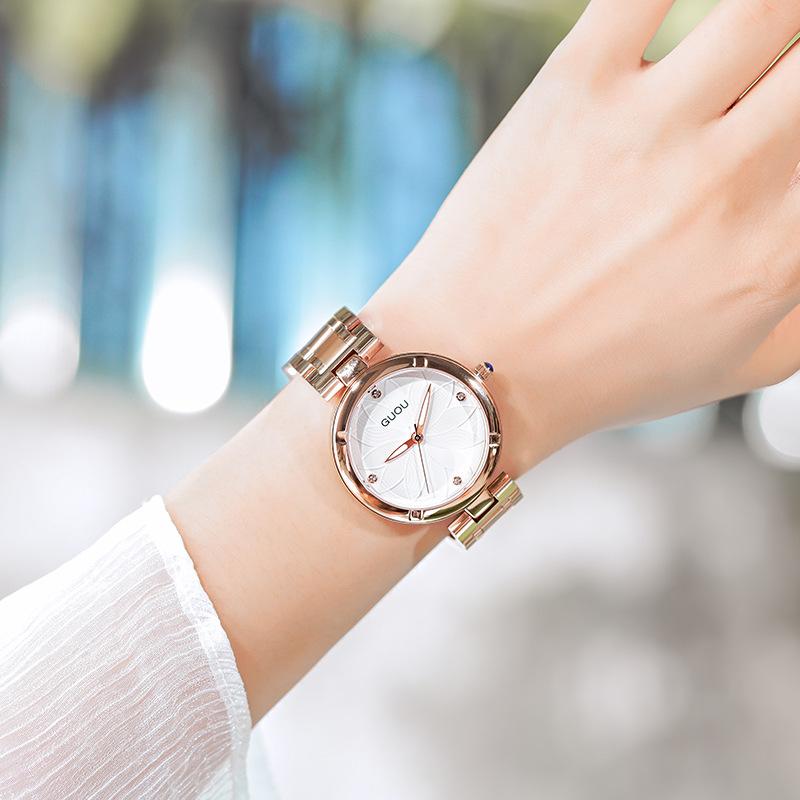 Damenuhr Quarzuhr Modisches Muster Schlichte Strass Stahlbanduhr Quarz Wasserdichte Uhr für Damen