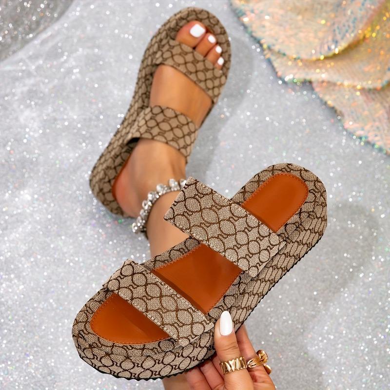 Women's Platform Sandals - Slip-On Thick Platform Heels, Beige/, Cushioned Insole & Non-Slip Rubber Outsole for Beach, Parties, Everyday - All-Season