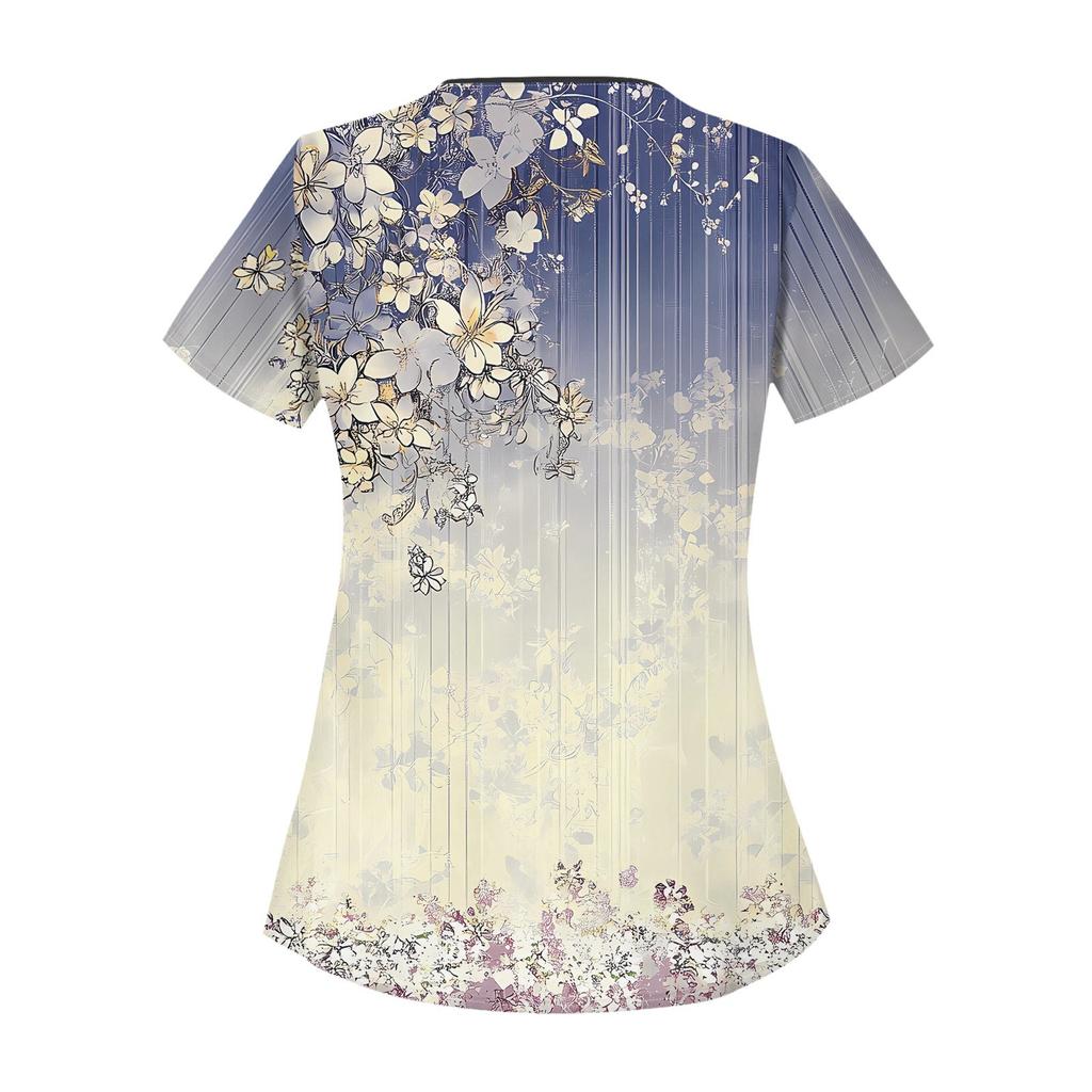 Blusa de trabajo informal con cuello inclinado, manga corta y estampado para mujer con bolsillos dobles