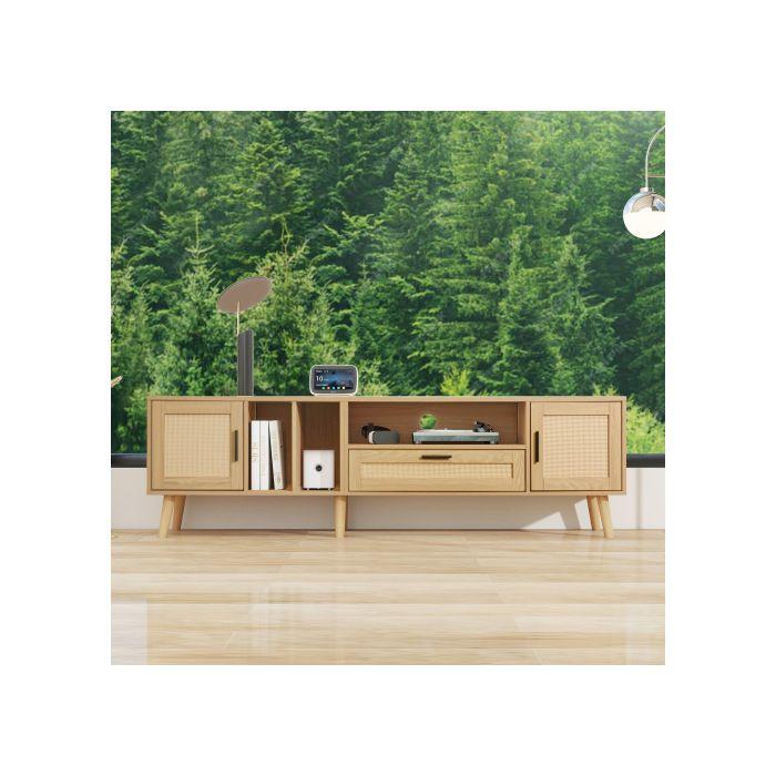 Meuble TV - MUVOE - 180 cm - 2 portes en rotin - 1 tiroir - Bois massif
