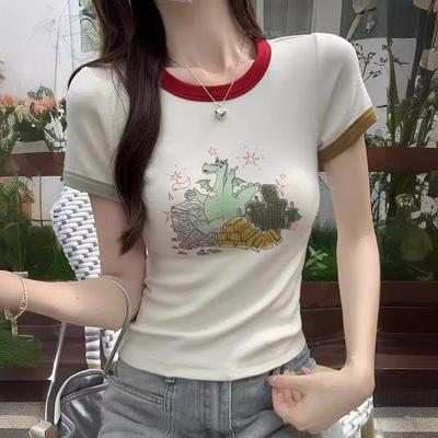 Printed Front Shoulder Short-sleeved T-shirt for Women In Summer New Contrasting Color Round Neck Sweet Slim Fit Short Top