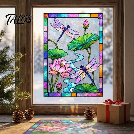 Decorative Glass Cling for Home Dragonfly Lotus Stained Style Window Cling, Rainbow Suncatcher Static Light Effect Sticker Decal, Privacy Film
