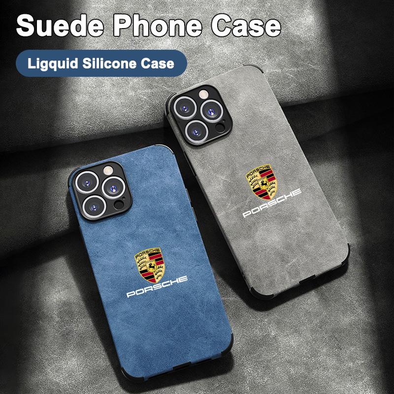 Für Porsche Embleme Wildleder All-inclusive Handyhülle für iPhone 16 15 13 14 11 12 Pro Max 12 Mini 7 8 XR X XS 16 Plus 15 Pro Max Hülle