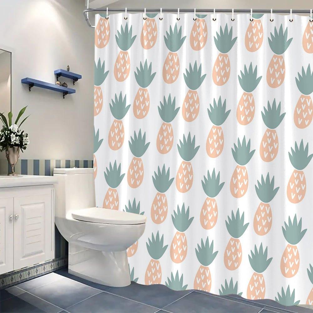 1 Piece Modern Simple Pineapple Pattern Shower Curtain, Polyester, White With Orange Pineapple And Green Leaves, With Hook
