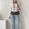 New Arrivals Open Run Women Check PaTTern Frill Long Sleeve T shirT Shirring