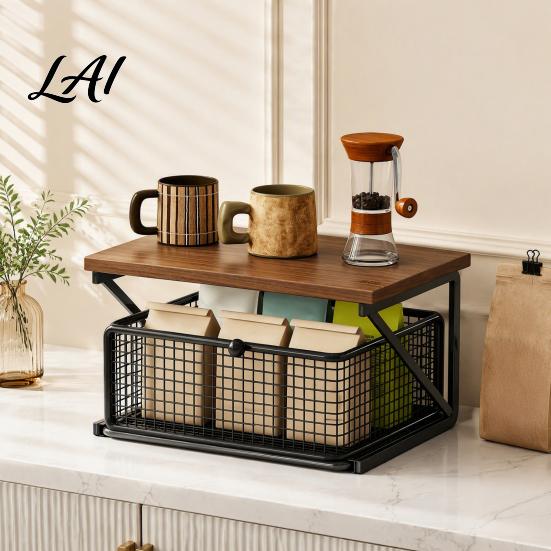 Office Desk Organizer Coffee Station with Drawer Tiered Bar Organizer Wooden Top Shelf Countertop Wire Mesh Drawers for Tea Bags Capsules,