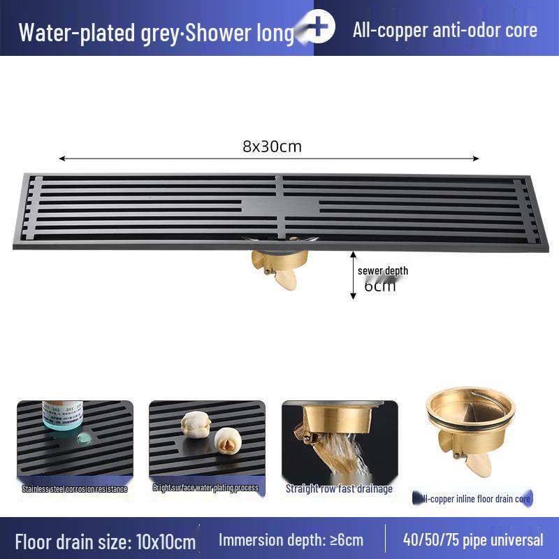 Gunmetal Gray 304 Stainless Steel Odor-Resistant Floor Drain with Copper Core for Shower & Washing Machine.