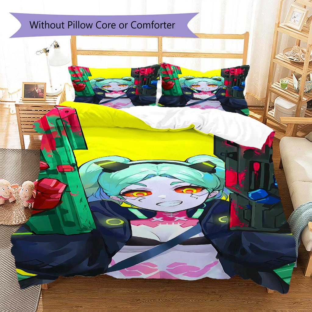 Cyberpunk Edgerunner Muster Bettwäsche, Steppbett Set Bettbezug Kissenbezug Zuhause Geburtstagsgeschenk (1 Bettbezug + 2 Kissenbezüge, ohne Füllung)