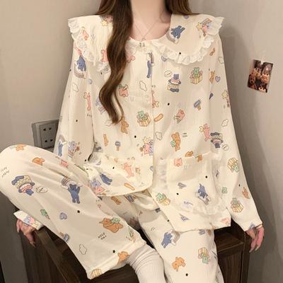 Pijama de Algodón Nube con Estampado de Oso de Dibujos Animados para Mujer Ropa de Dormir Dulce con Encaje Empalmado Cuello Peter Pan Primavera Otoño Nueva Ropa de Casa
