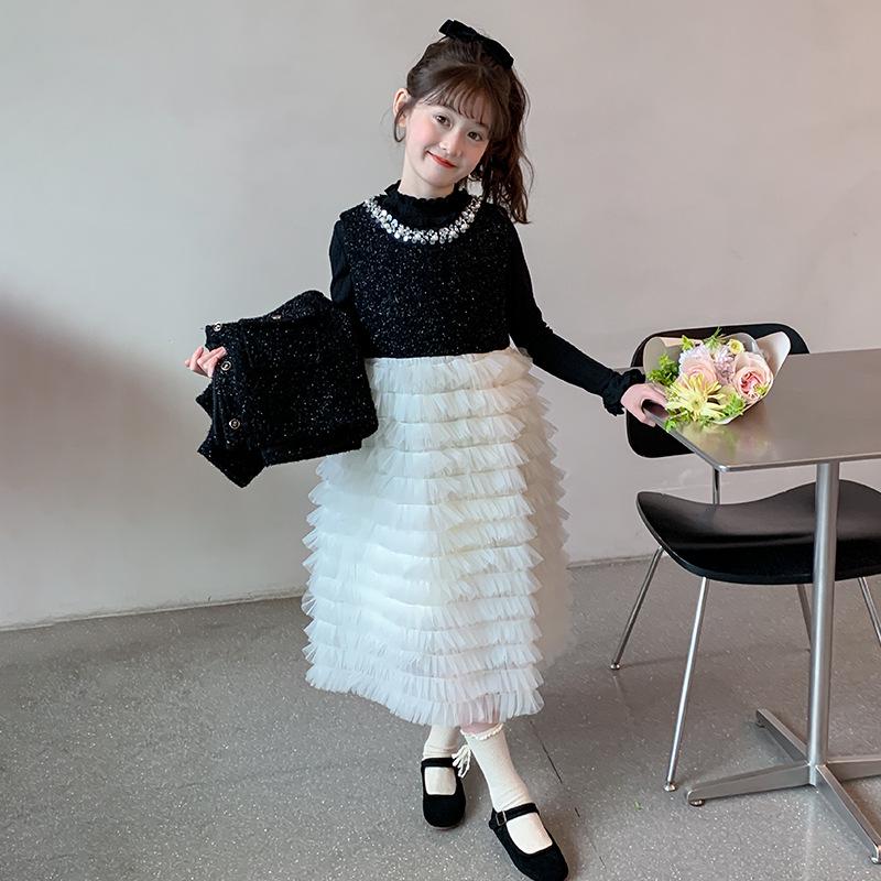 2025 Girls' Autumn Princess Cake Dress Set - Little Fragrant Style with Gauze