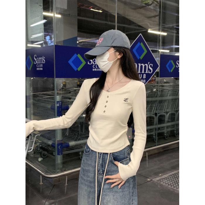 

Women s Long Sleeve Embroidered Button Top - Cinched Waist Pleated Base Layer for Early Autumn 2025 Small абрикосовый