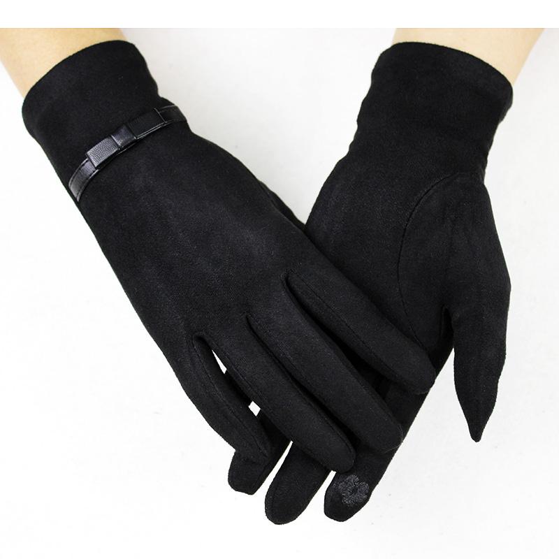 Suede Knitted Gloves Women's Touch Screen Thin Elastic Man-Made Material Black Spring and Autumn Warm Hand Finger Gloves