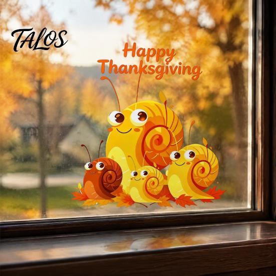 Fall Theme Decor Cartoon Snail Static Window Sticker for Thanksgiving Autumn Harvest Festival, Waterproof PVC Decal Home Ornaments Glass Doors