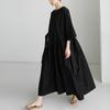 Johnature Korean Bandage Dresses Summer Casual Simple Solid Color Loose O-neck Short Sleeve Pockets Dress