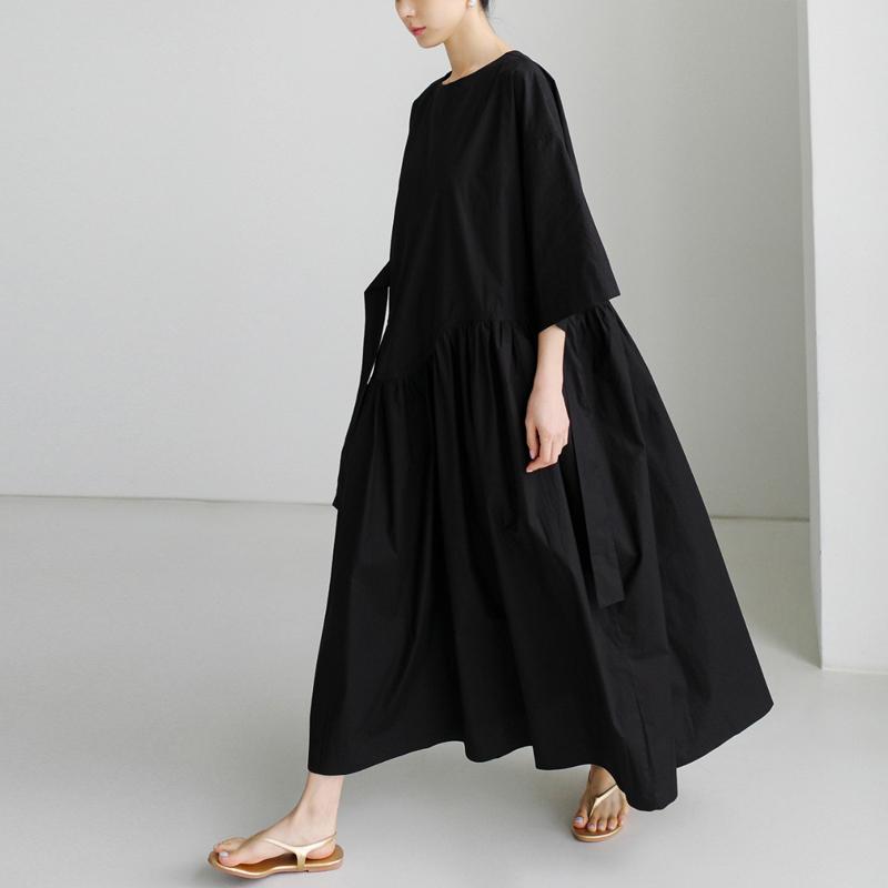 Johnature Korean Bandage Dresses Summer Casual Simple Solid Color Loose O-neck Short Sleeve Pockets Dress