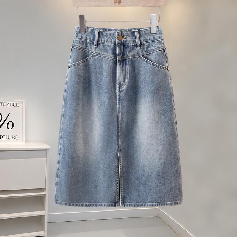 Women s High-Waist Slit A-Line Washed Denim Skirt S