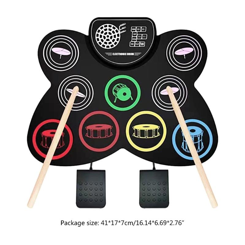 Elektronische Schlagzeugsets 9 Pads Rollbares Übungsschlagzeug mit eingebautem Lautsprecher Kopfhörer-USB-Anschluss für Kinder, Erwachsene, Anfänger