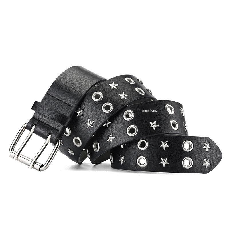 Unisex Star-Studded Hip Hop Punk Leather Belt with Double Holes