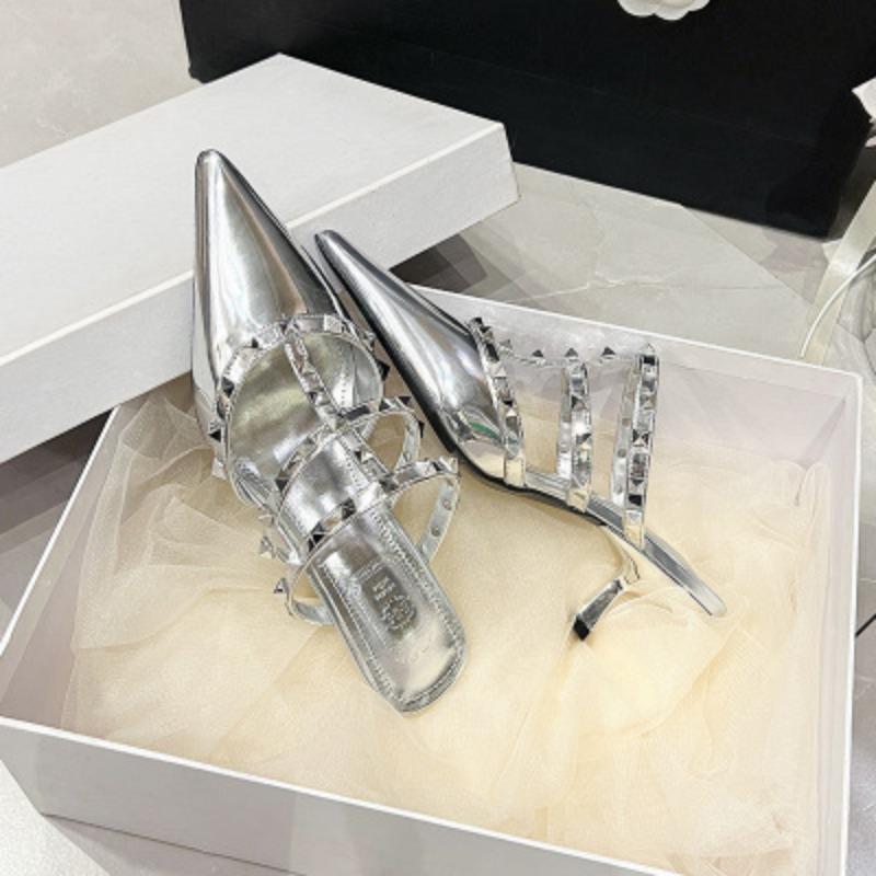 Pointed Half-tow Silver High Heels Autumn New Style Fine Heel Rivet Bag Head High Heel Slippers