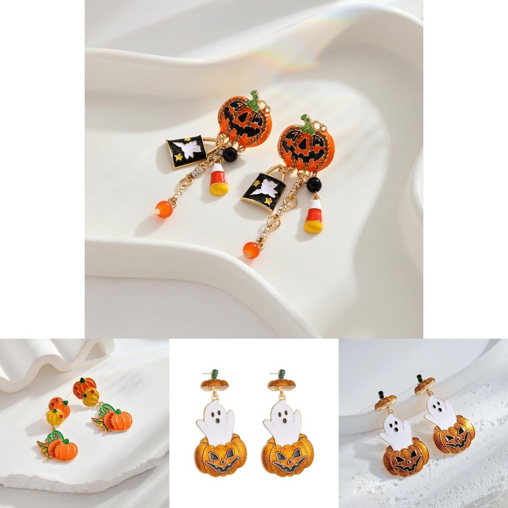 Creative Stylish Halloween Pumpkin Skull Tassel Earrings With Sparkling Zircon Stones For Women
