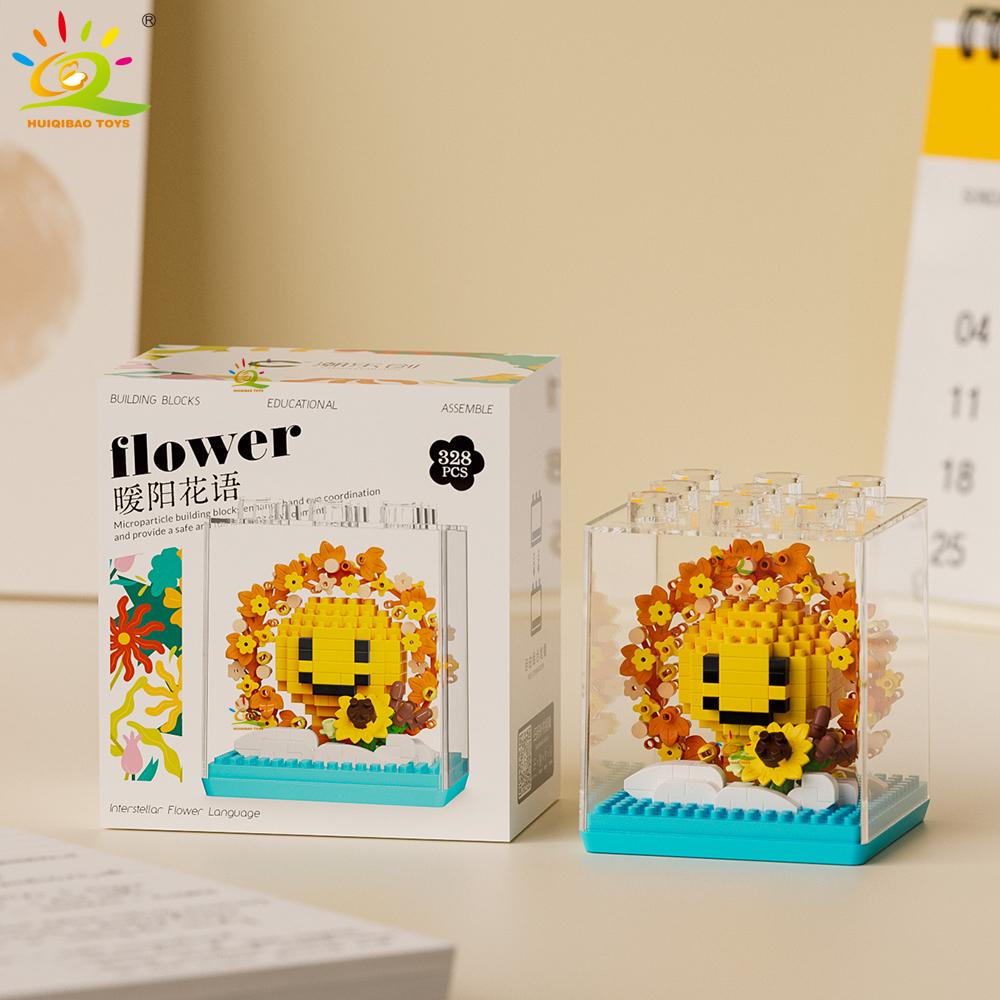 Moc Sun Flower Display Box Micro Building Block Succulent Mini 3D Diamond Model Brick Toy For Children Desk Decor.