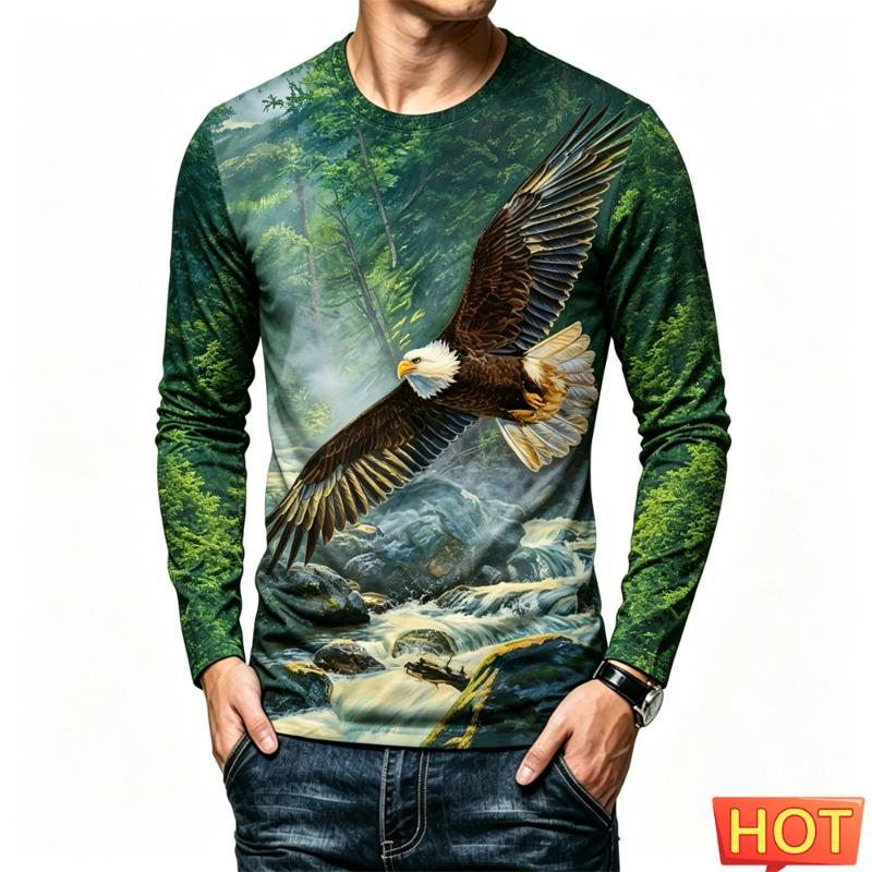 Funny 3D Eagle Print Men's T Shirts Autumn Trend Long Sleeve T-shirt Casual O-neck Loose Tops Fashion Animal Pattern y2k Clothes