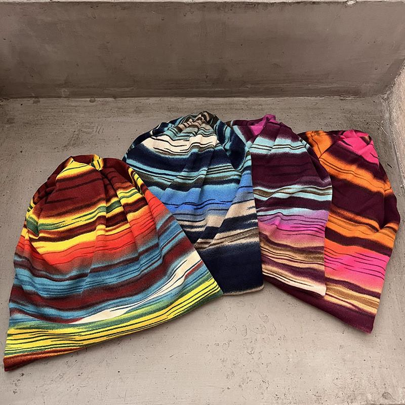 Unisex Knit Hat With Stripe Print No Brim Design For Winter Activities Outdoor