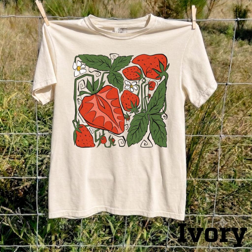 Retro Strawberry Botanical Shirt, Vintage Linocut Fruit Tee, Cottagecore Gardener Top, Block Print Nature Apparel, Earthy Summer Berry Gift