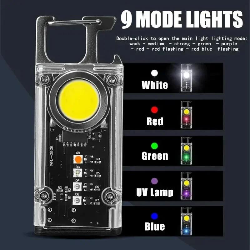 COB Keychain Work Light with Dual Light Source Rechargeable Solar Powered 9 Modes Magnet Base for Camping Fishing Repair Walk