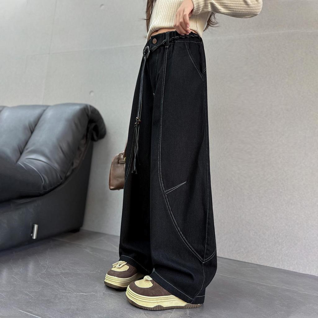 2025 Autumn Girls' Wide-Leg Scimitar Jeans - Korean Style for Middle and Big Kids