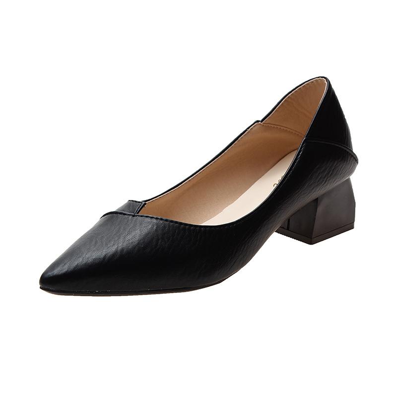 Coarse Heel Shallow Mouth High Heel Single Shoes Women's Pointed Head Professional Work Shoes Black Medium Heel Leather Shoes Work Shoes