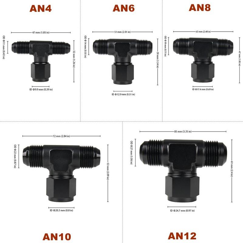 AN4 AN6 AN8 AN12 AN10 Male Flare With Female Tee Adaptor Union Fuel Hose Fitting 3 Ports T Pipe Connector Splitter Aluminum