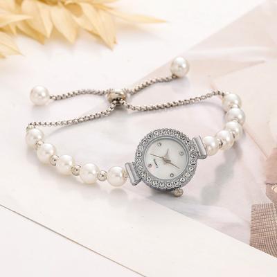 Dámské náramkové hodinky Kreativní simulace Pearl Beaded Náramek Hodinky Drahokamenový kulatý ciferník Příslušenství