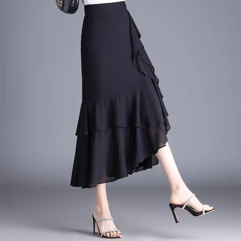 Women's Chiffon Half Length Skirt Fishtail Skirt Summer Medium Long Style Lotus Leaf Edge High Waist Irregular